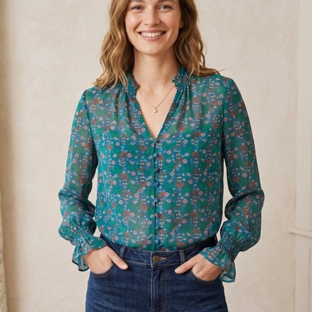 BODEN Evangeline Blouse Floral Chiffon Top Teal Wild Field